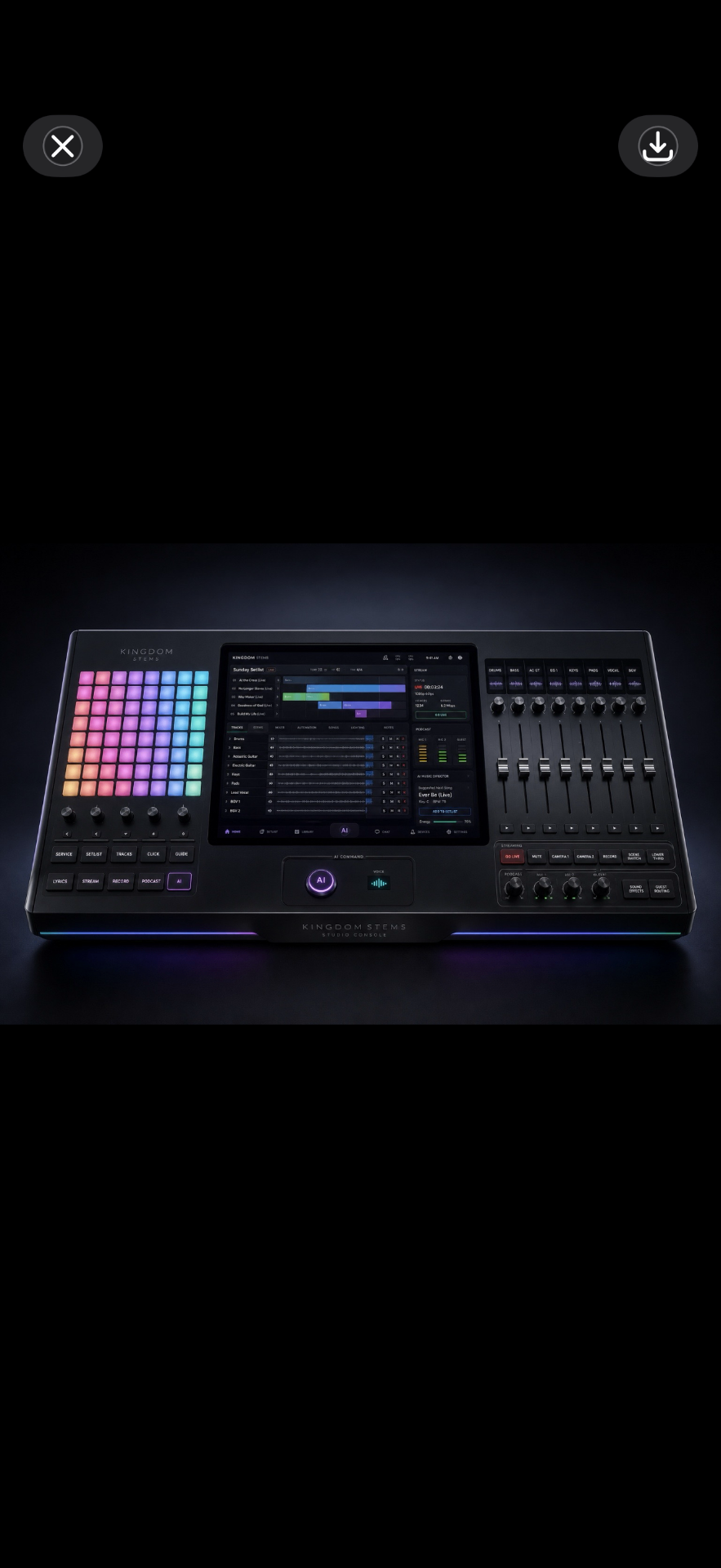 Kingdom STEMS OS — premium studio console visualization
