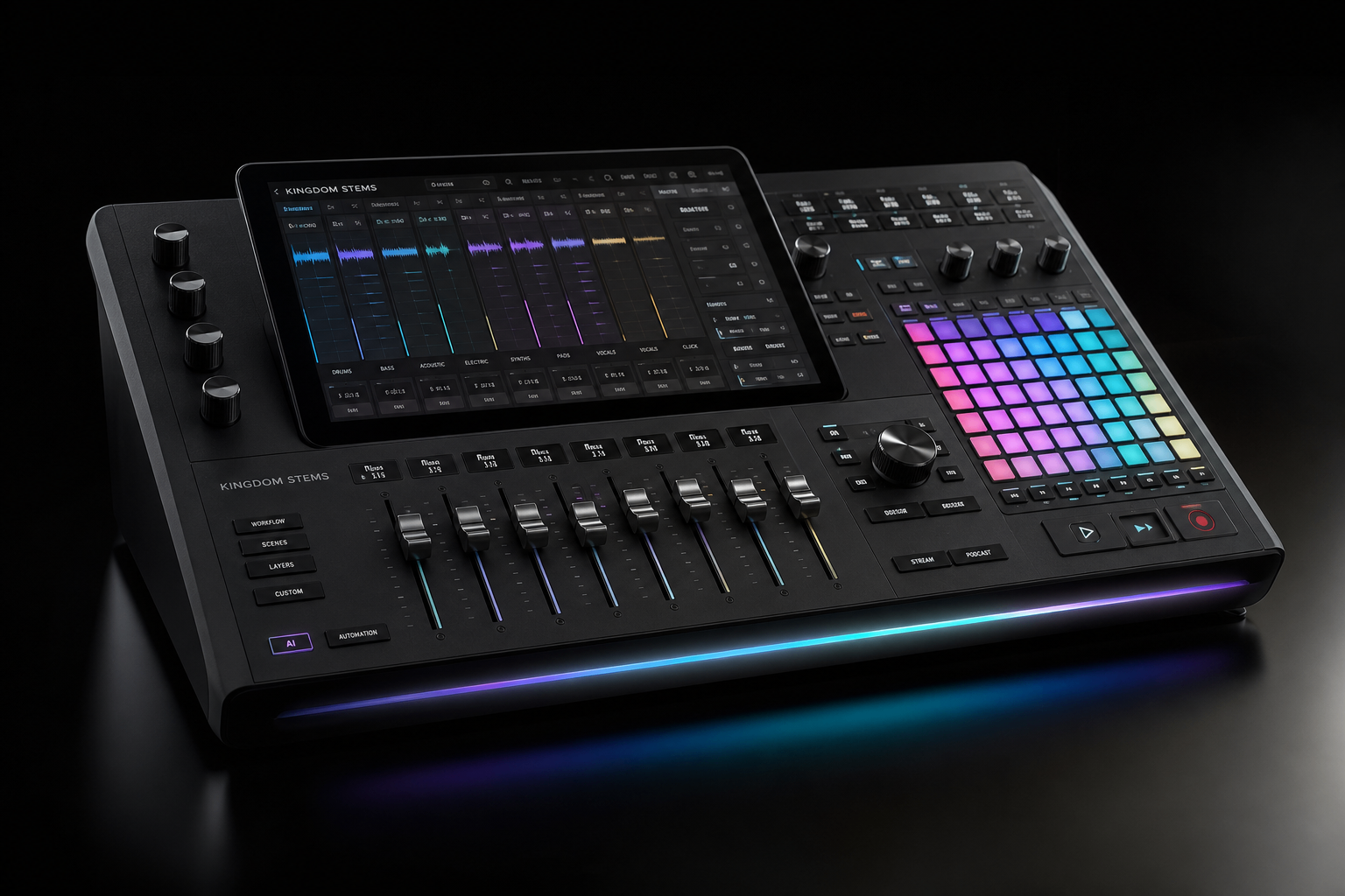 Angled premium marketing render of the Kingdom STEMS Studio Console concept