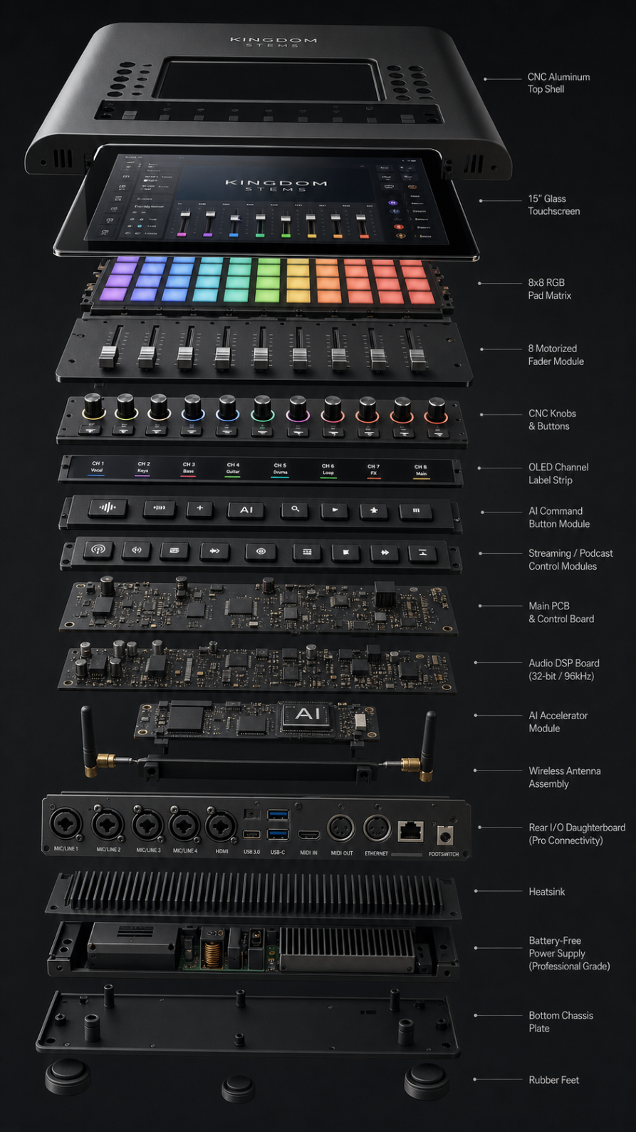 Exploded engineering render of the Kingdom STEMS Studio Console concept
