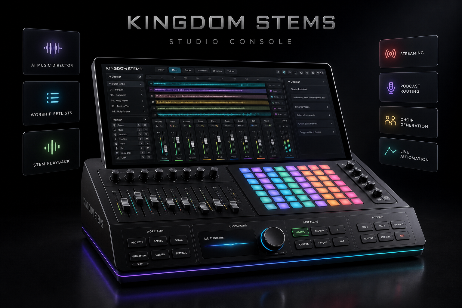 Investor presentation render of the Kingdom STEMS Studio Console concept