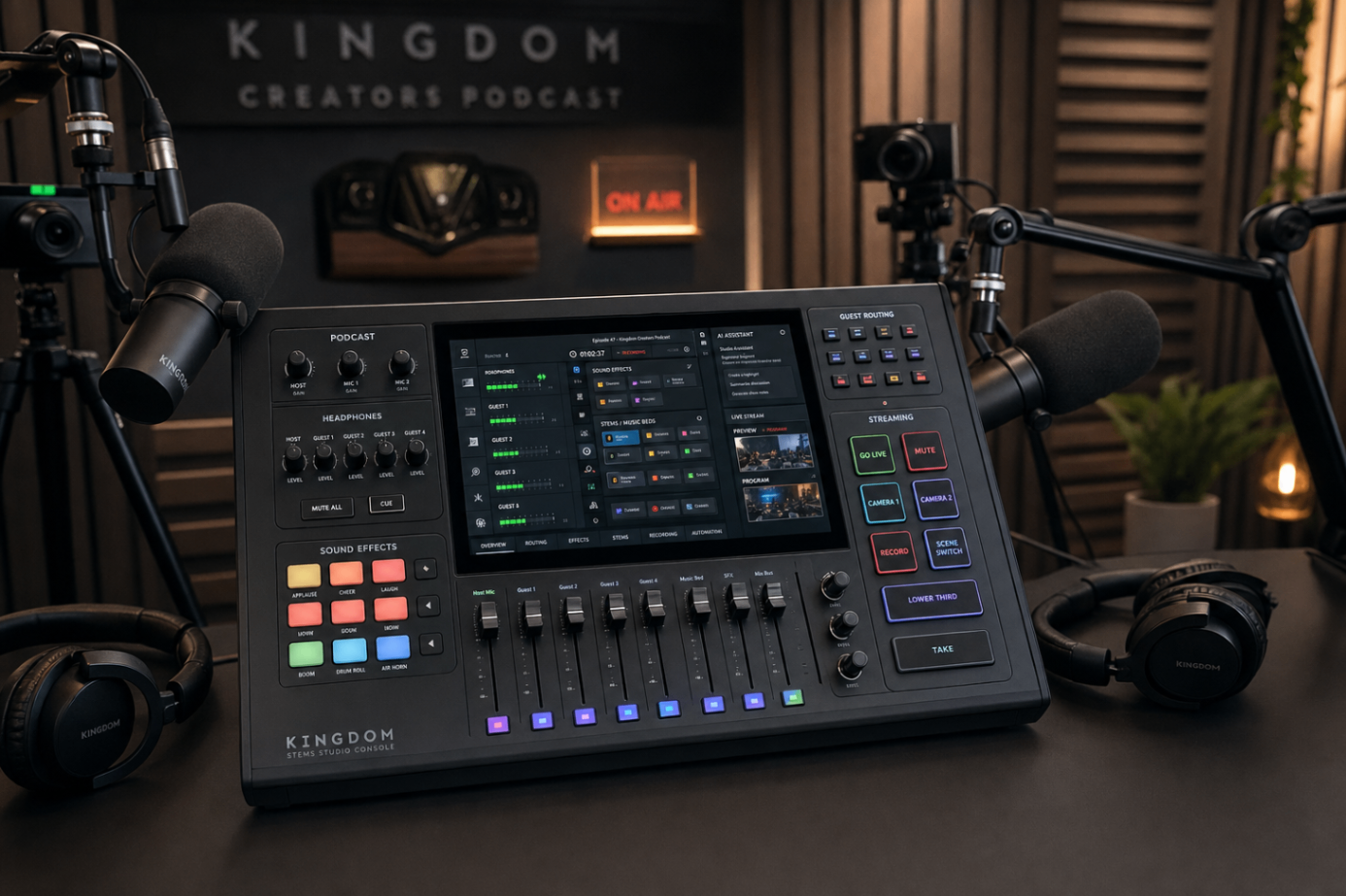 Podcast production environment render of the Kingdom STEMS Studio Console concept