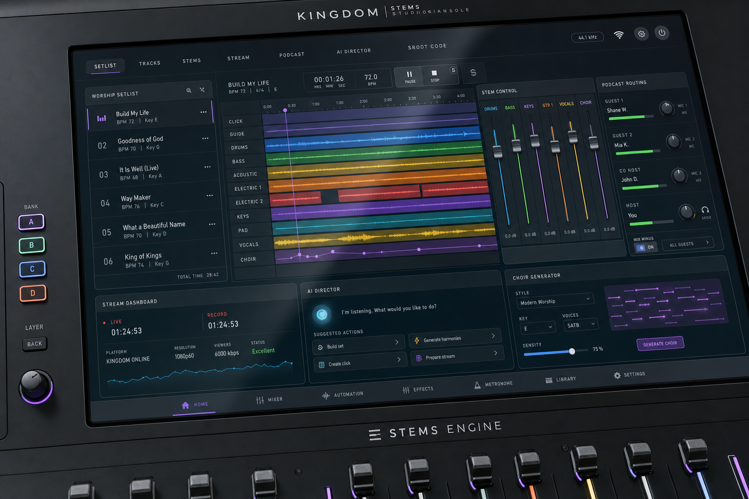 Close-up of the Kingdom STEMS Studio Console 15-inch touchscreen UI showing setlist, stems, AI Director, and podcast routing