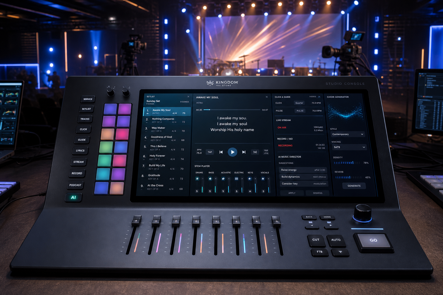 Worship production environment render of the Kingdom STEMS Studio Console concept